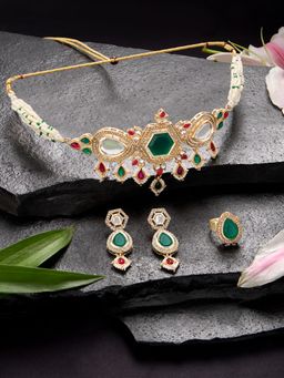 Zaveri Pearls - Green Pink Stone Multistrand Choker Necklace Earrings Ring Set