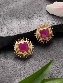 Zaveri Pearls - Pink Stone Embellished Fusion Style Studs Earrings