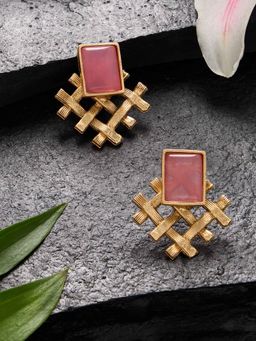 Zaveri Pearls - Pink Stone Embellished Fusion Style Studs Earrings