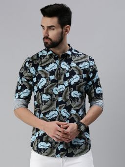 SHOWOFF - Men Casual Slim Collar Navy Blue Floral Shirt