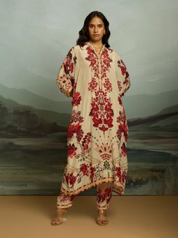 THREE-THREE - Ivory Crepe Mandarin Neck Floral Kurta with Pant