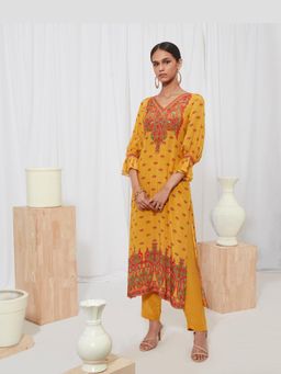 THREE-THREE - Mustard Polyester Crepe V-Neck Printed Kurta with Pant