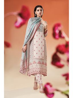 THREE-THREE - Beige Crepe Mandarin Neck Floral Anarkali with Pant and Dupatta