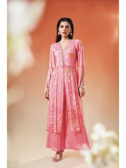 THREE-THREE - Pink Chinon V-Neck Printed Kurta with Palazzo
