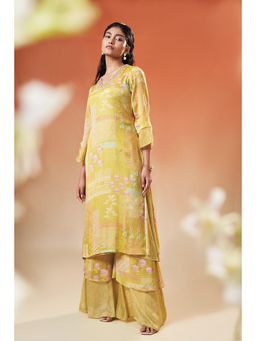 THREE-THREE - Yellow Chinon V-Neck Printed Kurta with Palazzo