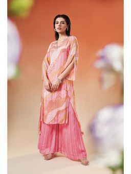 THREE-THREE - Pink Chinon V-Neck Floral Kurta with Palazzo