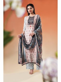 THREE-THREE - Pink Crepe Round Neck Floral Anarkali with Pant and Dupatta