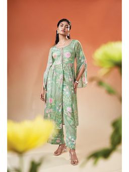 THREE-THREE - Green Chinon Round Neck Floral Kurta with Pant