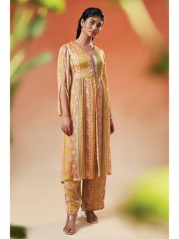 THREE-THREE - Yellow Chinon V-Neck Floral Anarkali with Pant