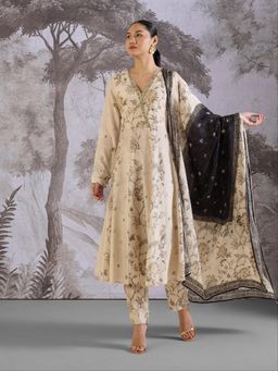 THREE-THREE - Beige Pure Cotton V-Neck Embroidered Anarkali with Pant and Dupatta