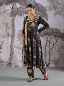 THREE-THREE - Black Cotton V-Neck Floral Anarkali with Pant and Dupatta