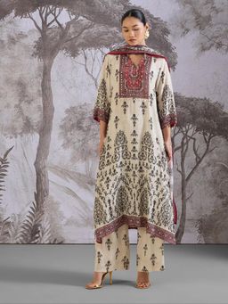 THREE-THREE - Cream Crepe V-Neck Printed Kurta with Pant and Dupatta