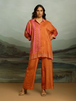 THREE-THREE - Orange Crepe Collar Neck Printed Co-Ord Set