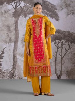 THREE-THREE - Mustard Crepe Round Neck Printed Kurta with Palazzo and Dupatta