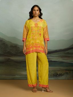 THREE-THREE - Yellow Crepe V-Neck Printed Co-Ord Set