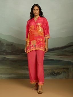 THREE-THREE - Pink Crepe Mandarin Neck Printed Co-Ord Set