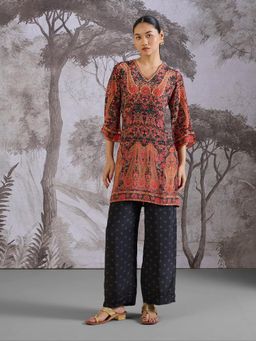 THREE-THREE - Rust Pure Cotton V-Neck Printed Kurta with Pant