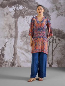 THREE-THREE - Blue Pure Cotton V-Neck Printed Kurta with Palazzo