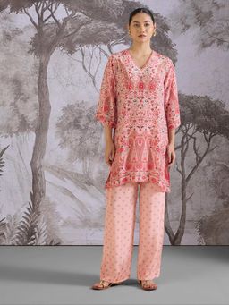 THREE-THREE - Pink Pure Cotton V-Neck Printed Kurta with Palazzo