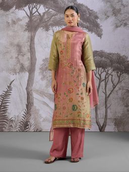 THREE-THREE - Pink Jacquard Round Neck Floral Kurta with Pant and Dupatta