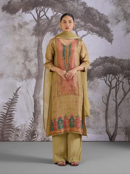 THREE-THREE - Green Jacquard Printed Kurta with Palazzo and Dupatta