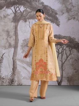 THREE-THREE - Beige Jacquard V-Neck Printed Kurta with Pant and Dupatta
