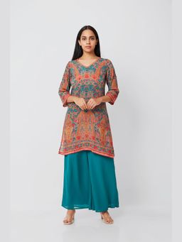 THREE-THREE - Multi-Color Crepe V-Neck Printed Kurta with Palazzo