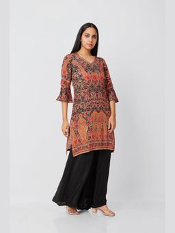 THREE-THREE - Multi-Color Polyester Crepe V-Neck Printed Kurta with Palazzo
