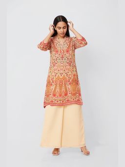 THREE-THREE - Beige Pure Cotton Mandarin Neck Printed Kurta with Palazzo