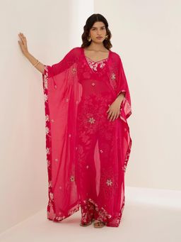 THREE-THREE - Pink Fiber V-Neck Floral Sequence Kaftan with Pant