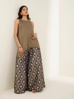 THREE-THREE - Bronze Fiber Round Neck Floral Kurti with Palazzo