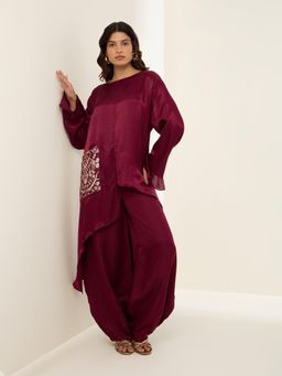 THREE-THREE - Wine Silk Round Neck Co-Ord Set