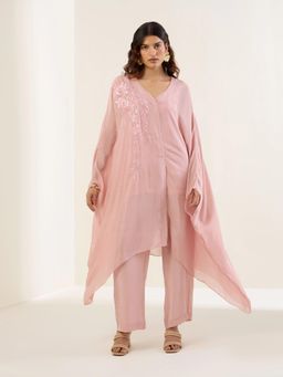 THREE-THREE - Pink Fiber V-Neck Embroidered Kurta with Pant and Dupatta