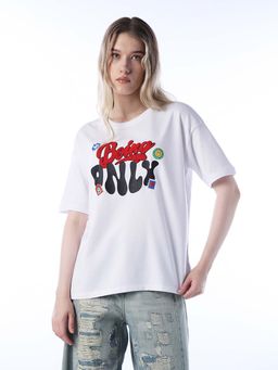ONLY - Womens Typographic Oversized White T-Shirt