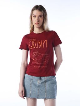 ONLY - Womens Typographic Regular Fit Maroon T-Shirt