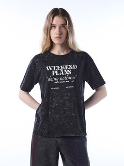 ONLY - Womens Typographic Loose Fit Black T-Shirt