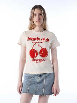 ONLY - Womens Typographic Loose Fit Beige T-Shirt