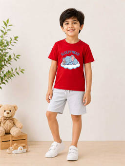 MALKIAT - Boys Red Pure Cotton Graphic Printed T-shirt and Shorts