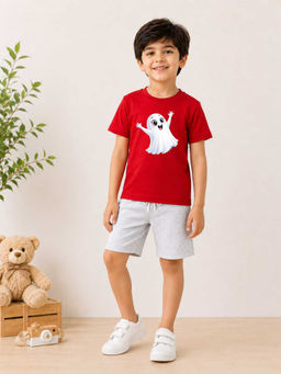 MALKIAT - Boys Red Pure Cotton Graphic Printed T-shirt and Shorts