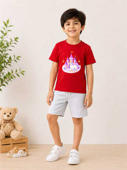 MALKIAT - Boys Red Pure Cotton Graphic Printed T-shirt and Shorts