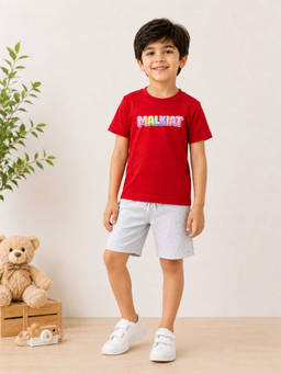 MALKIAT - Boys Red Pure Cotton Graphic Printed T-shirt and Shorts