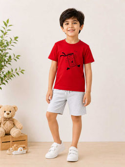 MALKIAT - Boys Red Pure Cotton Graphic Printed T-shirt and Shorts