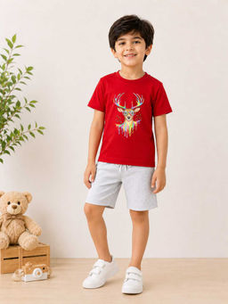 MALKIAT - Boys Red Pure Cotton Graphic Printed T-shirt and Shorts