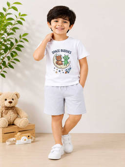 MALKIAT - Boys White Pure Cotton Graphic Printed T-shirt and Shorts