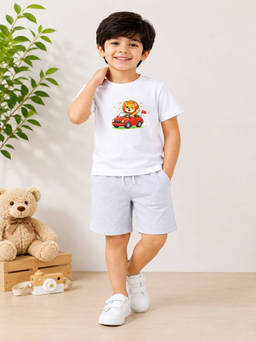MALKIAT - Boys White Pure Cotton Graphic Printed T-shirt and Shorts