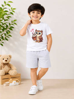 MALKIAT - Boys White Pure Cotton Graphic Printed T-shirt and Shorts