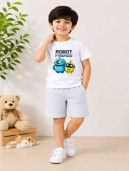 MALKIAT - Boys White Pure Cotton Graphic Printed T-shirt and Shorts