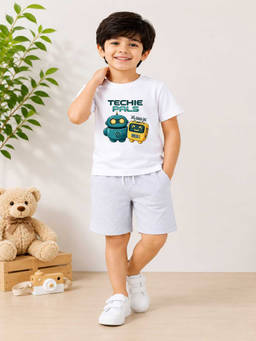 MALKIAT - Boys White Pure Cotton Graphic Printed T-shirt and Shorts