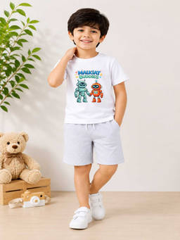 MALKIAT - Boys White Pure Cotton Graphic Printed T-shirt and Shorts
