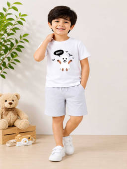 MALKIAT - Boys White Pure Cotton Graphic Printed T-shirt and Shorts